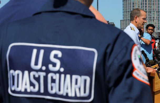 PHOTO: Rear Adm. John Mauger, the First Coast Guard District commander, speaks during a press conference about the search for the missing OceanGate submersible carrying five people to explore the wreck of the sunken Titanic, in Boston, June 22, 2023. (Brian Snyder/Reuters)