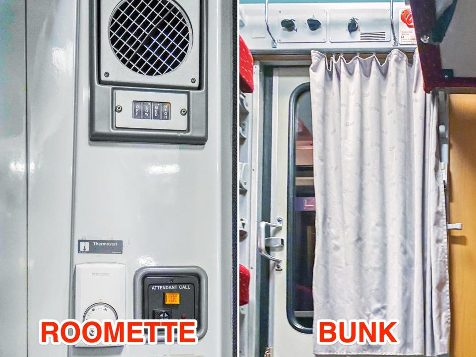 Light and temperature controls in the roomette (L) and bunk (R).