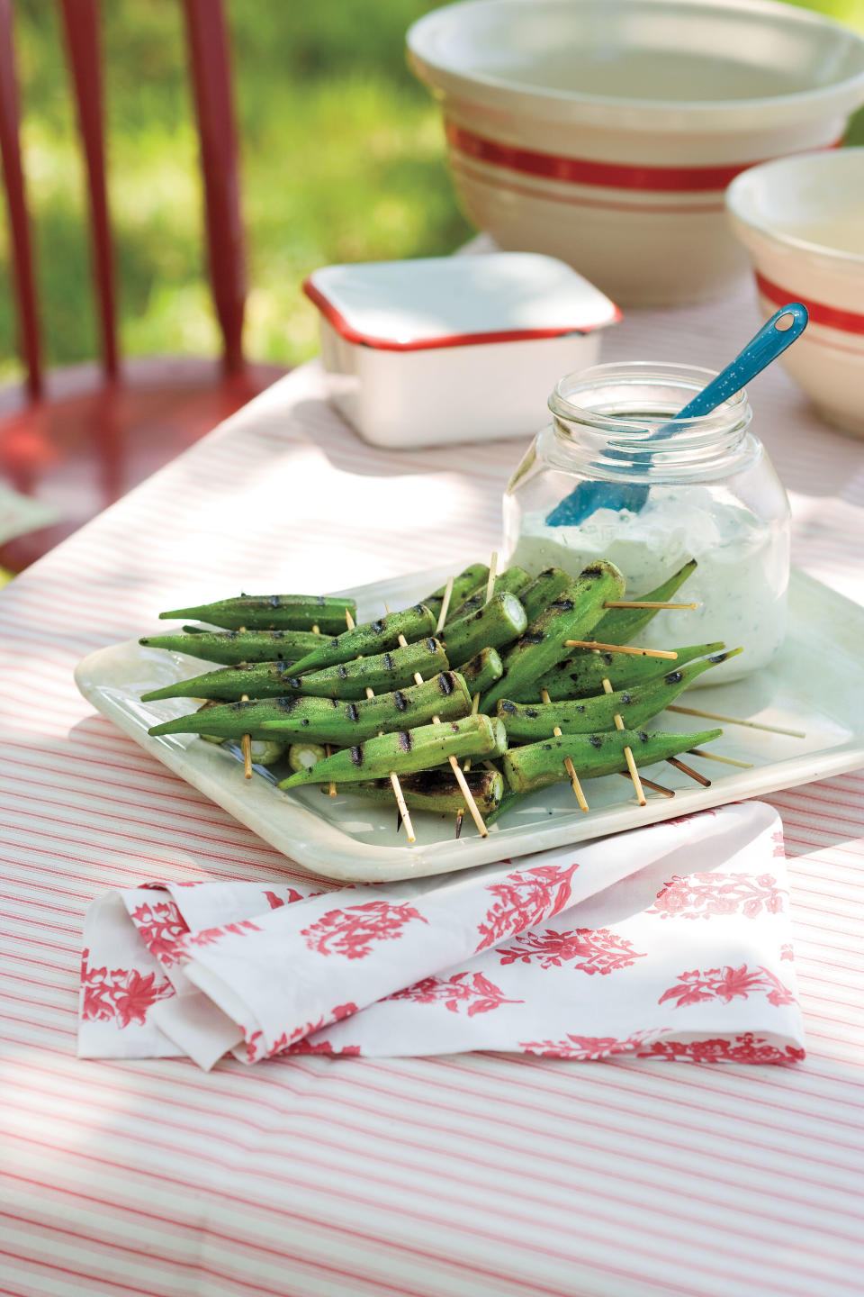 Peppery Grilled Okra With Lemon-Basil Dipping Sauce