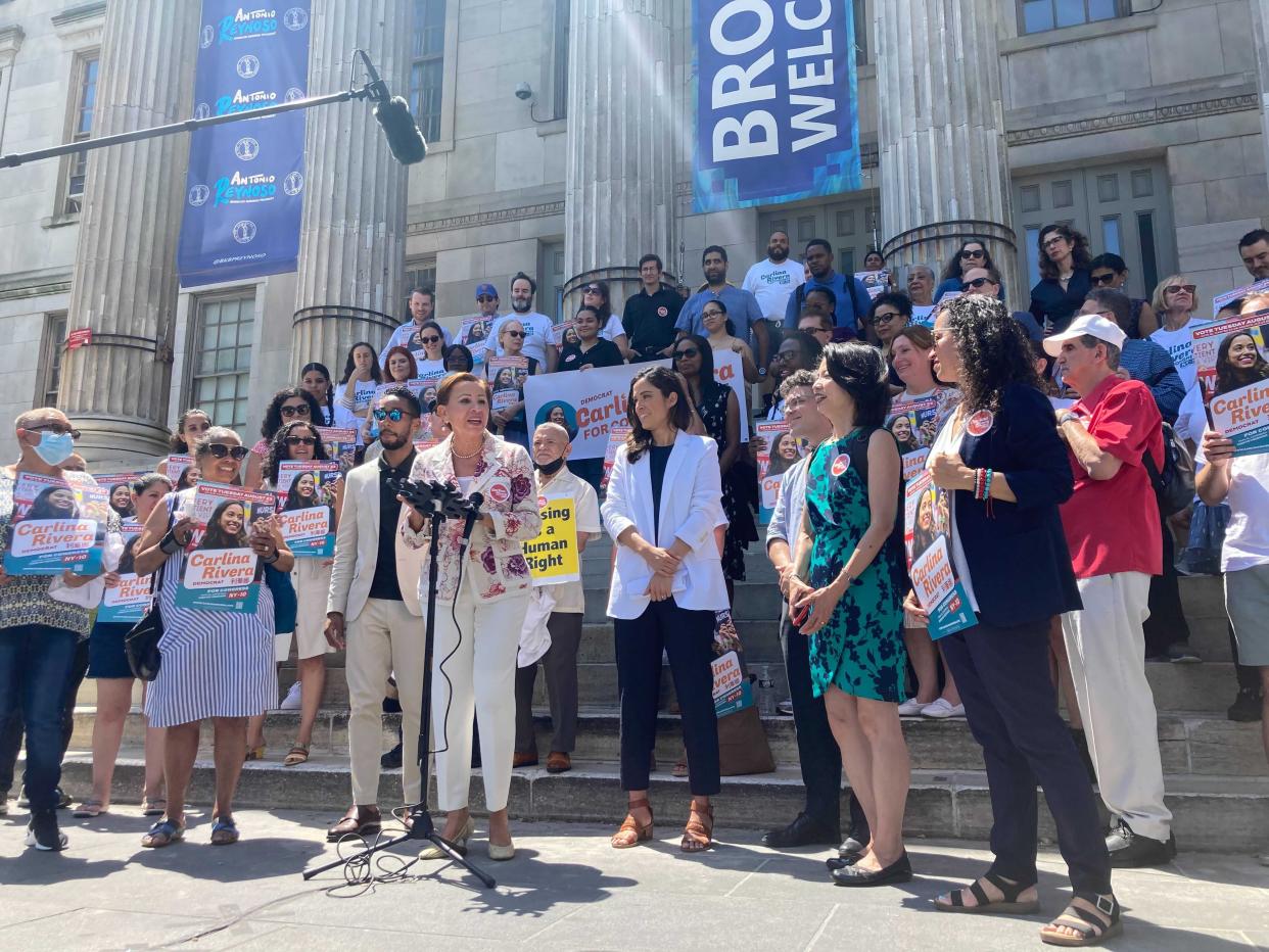 New York City Councilwoman Carlina Rivera (D-Manhattan) from unveiling key endorsements on Friday, June 17, 2022, from Rep. Nydia Velazquez (D-N.Y.) and Brooklyn Borough President Antonio Reynoso.