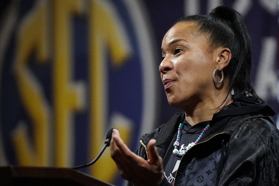 South Carolina NCAA women's college basketball head coach Dawn Staley speaks during Southeastern Conference Media Days, Thursday, Oct. 19, 2023, in Birmingham, Ala. (AP Photo/Mike Stewart)