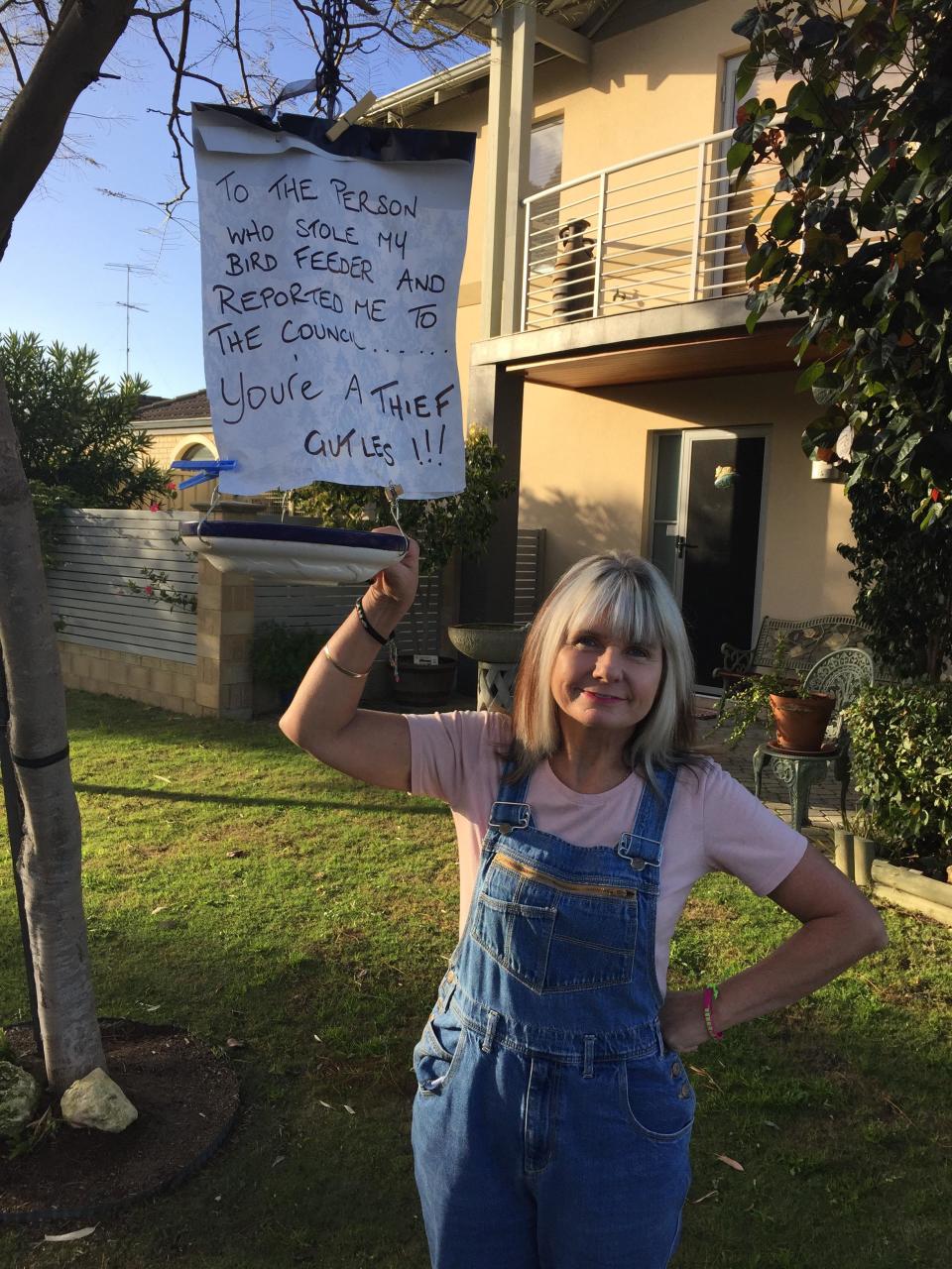 Photo of Sara Roy who had her bird feeder stolen from the front of her home in Mandurah, Western Australia.