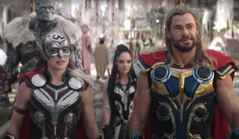 Natalie Portman as Mighty Thor and Chris Hemsworth as Thor in "Thor: Love and Thunder."