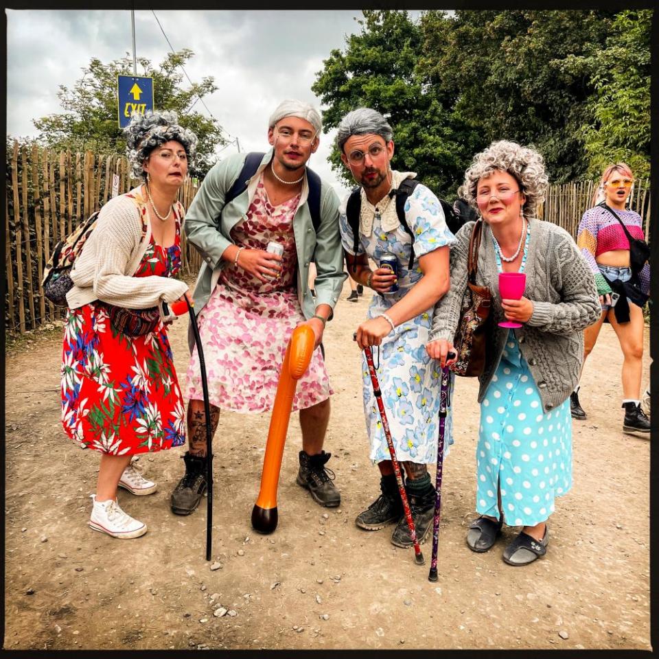 The Glasto Grannies from Bluth, Northumberland. Left to right - Cathy Shotton aka Mavis, Steve Mayhew aka Babs, Sam Keenan aka Gwynethg and Laura Sinton aka as Ethel