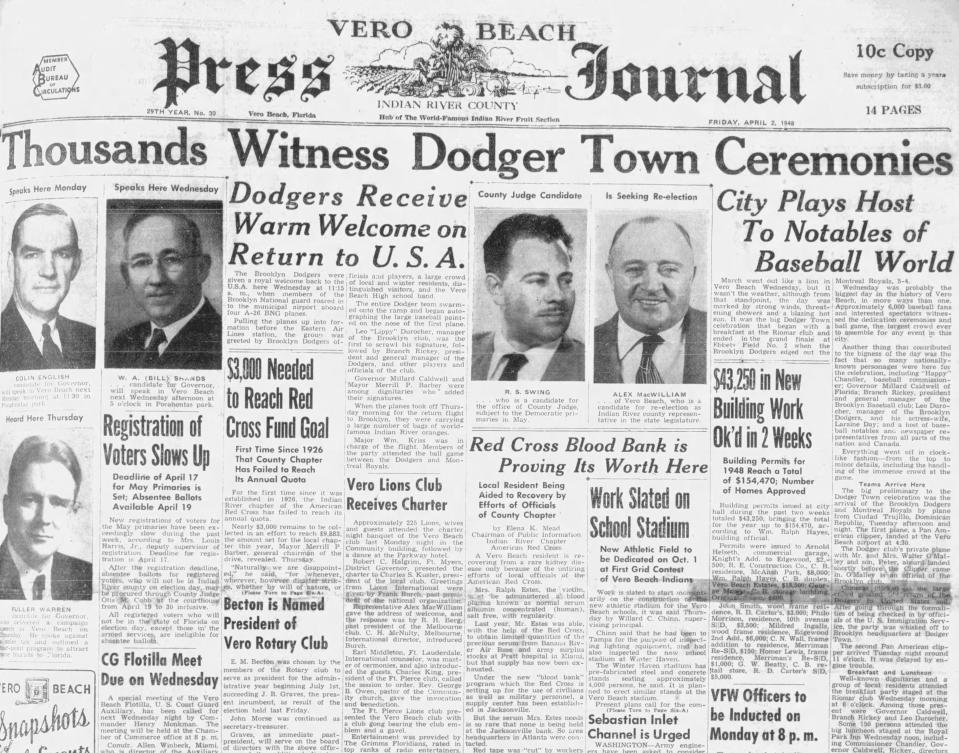 The Press Journal of April 2, 1948, began its coverage of the Brooklyn Dodgers' first game March 31, 1948, on its front page.