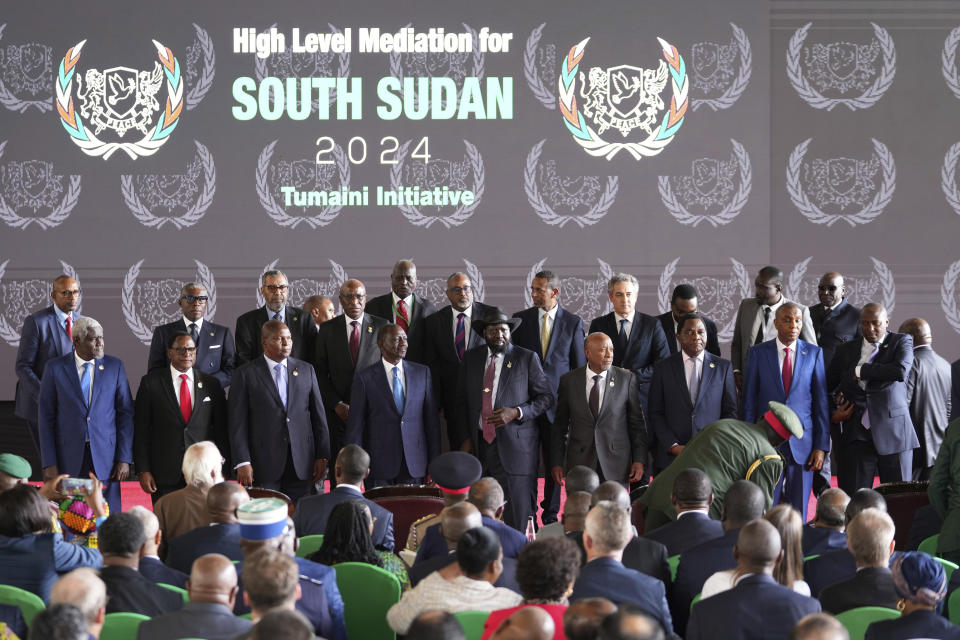 Africa heads of States and delegations, pose for a photo during the launch of high-level peace talks for South Sudan at State House in Nairobi, Kenya, on Thursday, May 9, 2024. High-level meditation talks on South Sudan were launched in Kenya with African presidents in attendance calling for an end to a conflict that has crippled the country's economy for years. (AP Photo/Brian Inganga)