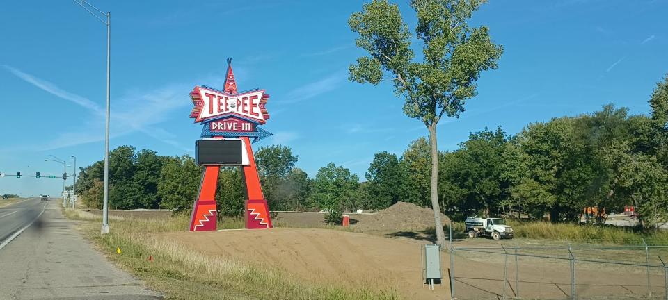 Signage for the historic Tee Pee Drive-In Theater stands tall in Sapulpa as renovations finalized in late 2022.