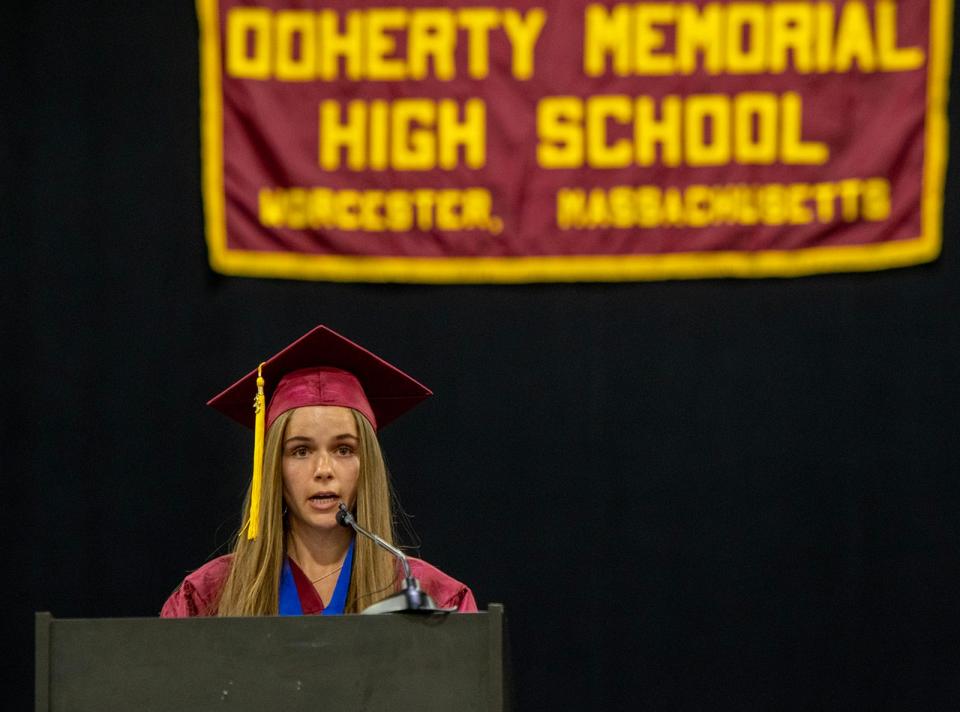 Graduate Lauren Boyle Ober introduces Mayor Joseph M. Petty during the Doherty Memorial High School commencement exercises at the DCU Center Wednesday.