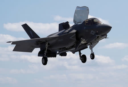 A Marine Corps pilot prepares for a vertical landing of Lockheed Martin F-35B stealth fighter aboard the USS Wasp (LHD 1) amphibious assault carrier during their operation in the waters off Japan's southernmost island of Okinawa March 23, 2018. REUTERS/Issei Kato