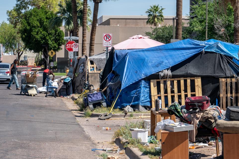 A view of a homeless encampment known as "The Zone" along Ninth Avenue near Jefferson Street in Phoenix on April 28, 2023.