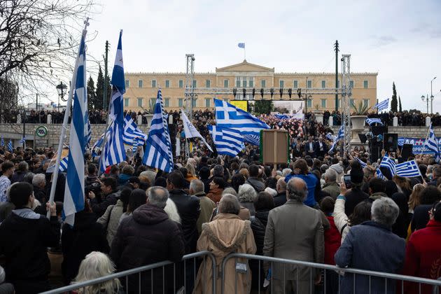 Protesters participate in a rally against same-sex marriage, at central Syntagma Square, in Athens, Greece, on Feb. 11, 2024.