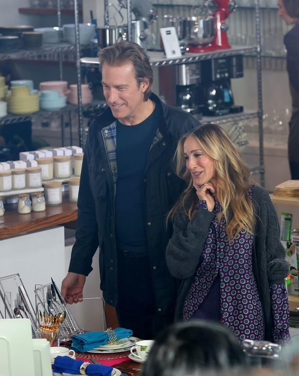 new york, ny january 24 john corbett and sarah jessica parker are seen on the set of and just like that on january 24, 2023 in new york city photo by jose perezbauer griffingc images