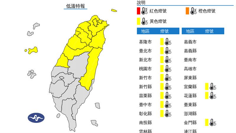 中央氣象署今(8)日10：45發布低溫特報。（圖／中央氣象署）