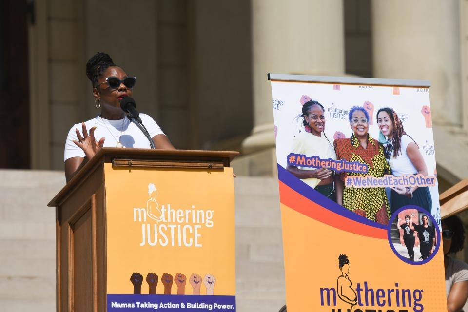 Nicole Stallworth, executive director of Planned Parenthood Advocates of Michigan speaks during the 2022 Womxn v. Wade protest Wednesday, June 15, 2022, at the State Capitol.