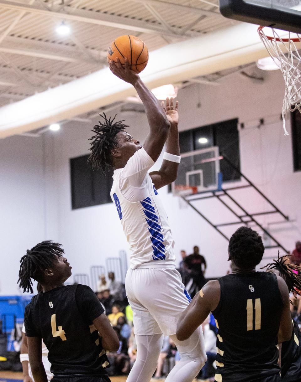 Patrick Johnson of Gateway Charter goes up for a shot in their game against Golden Gate on Tuesday, Jan. 30, 2024, at Gateway Charter High School in Fort Myers.