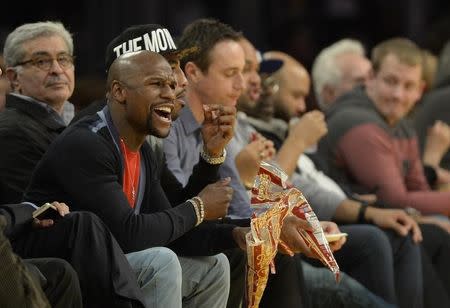 Floyd Mayweather in attendance during the second half of the NBA game between the Cleveland Cavaliers and the Los Angeles Lakers at Staples Center. Jan 15, 2015; Los Angeles, CA, USA; Richard Mackson-USA TODAY Sports