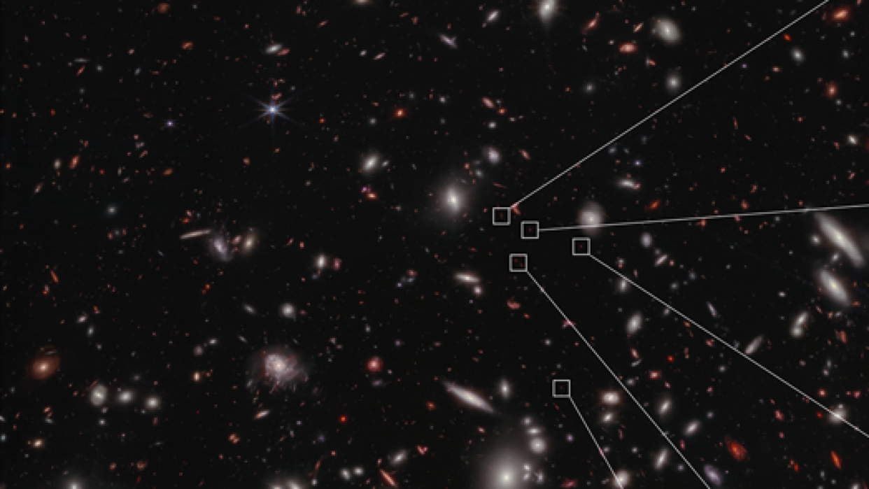  The galaxies highlighted in this James Webb Space Telescope image have been confirmed to be at a distance that astronomers refer to as redshift 7.9, which correlates to 650 million years after the Big Bang.  