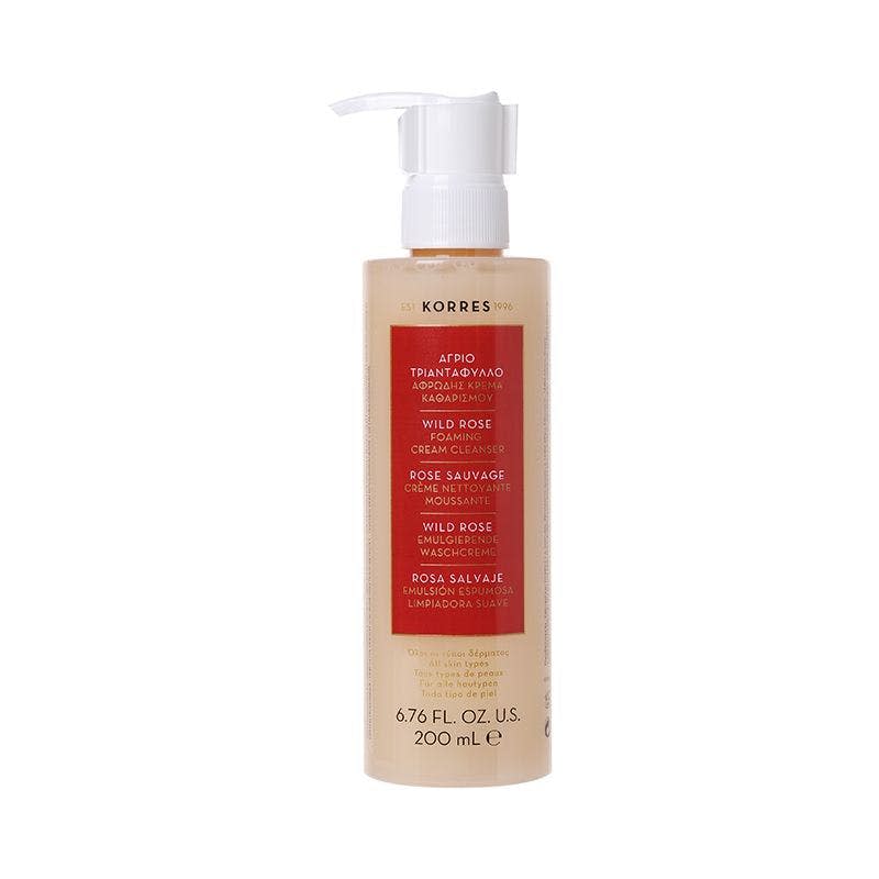 Korres Wild Rose Foaming Cream Cleanser on white background.