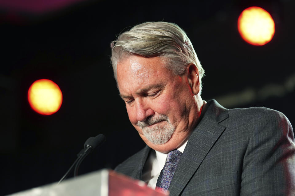 Republican Colorado Senate candidate Joe O'Dea pauses as he speaks to supporters at a Republican election night watch party, Tuesday, Nov. 8, 2022, in Greenwood Village, Colo. (AP Photo/Jack Dempsey)