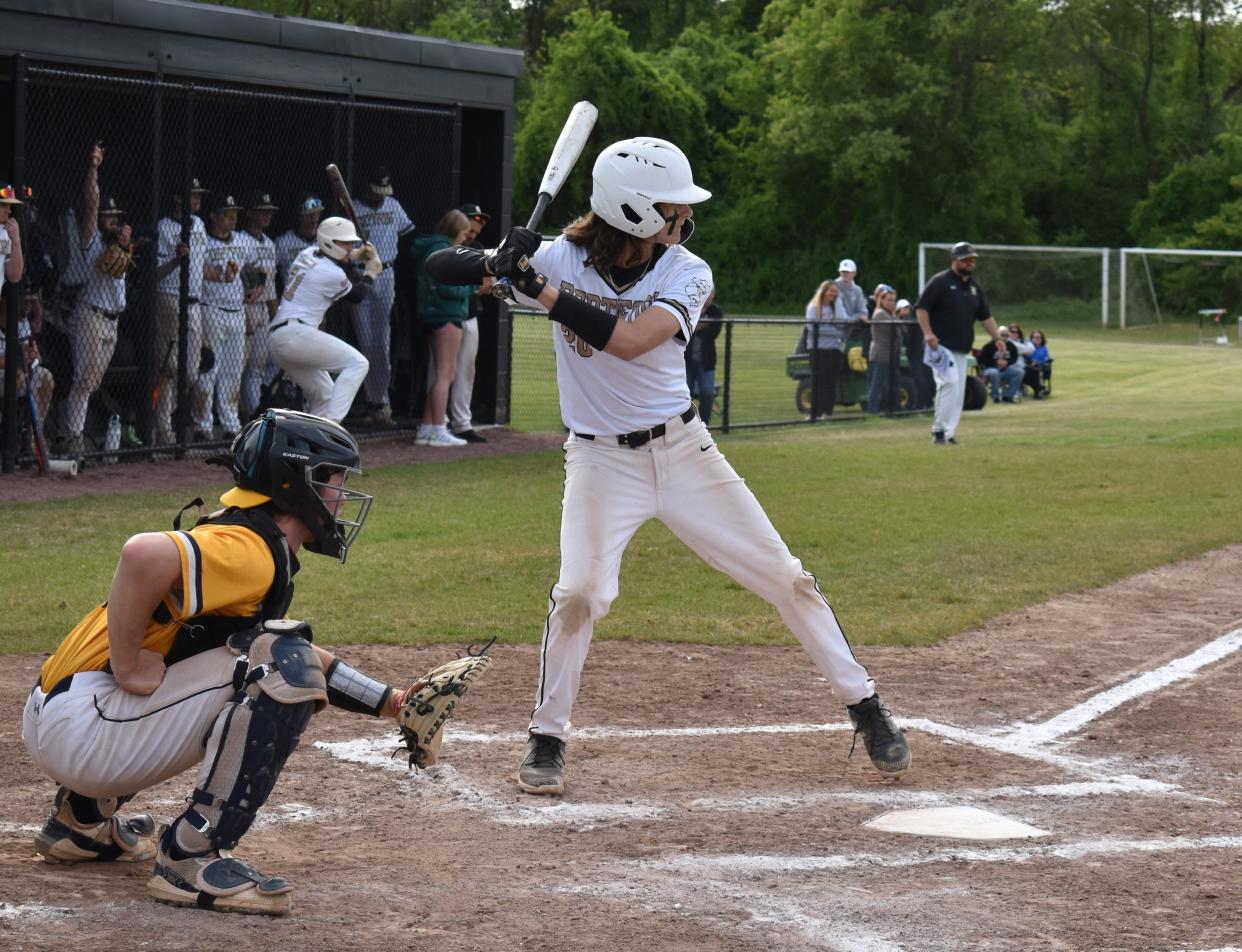 A Deptford High School batter awaits a pitch during a home game against Gloucester City High School at newly named Bobby Shisler Field on Friday, May 3.