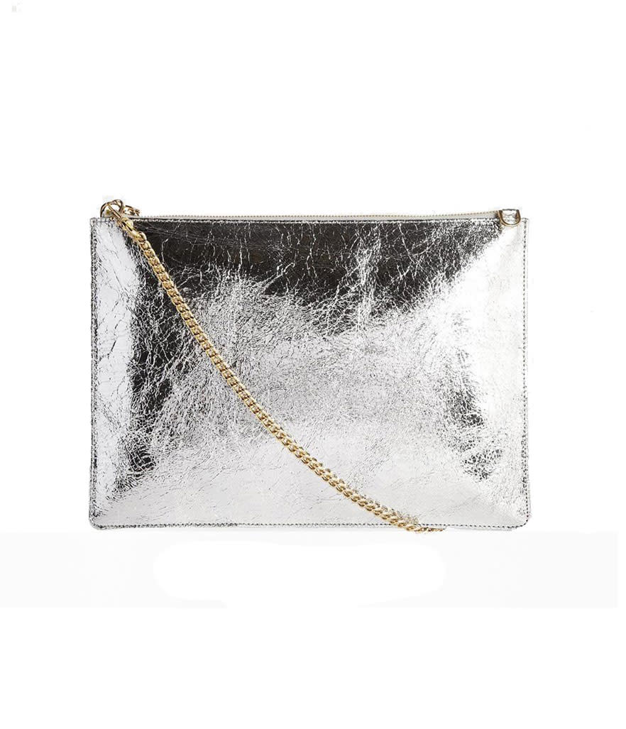 <p>Whistles Rivington Chain Clutch in Siver, $77, <a rel="nofollow noopener" href="http://us.asos.com/Whistles-Rivington-Chain-Clutch-in-Silver/13hrme/?iid=4249813&clr=Silvercrack&SearchQuery=silver+bag&pgesize=36&pge=0&totalstyles=46&gridsize=3&gridrow=5&gridcolumn=3&mporgp=L3doaXN0bGVzL3doaXN0bGVzLXJpdmluZ3Rvbi1jaGFpbi1jbHV0Y2gtaW4tc2lsdmVyL3Byb2Qv%20" target="_blank" data-ylk="slk:asos.com;elm:context_link;itc:0;sec:content-canvas" class="link ">asos.com</a></p>