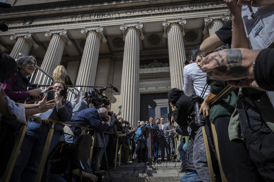 Speaker of the House Mike Johnson (R-LA) speaks to the media on the Lower Library steps on Columbia University's campus in New York on Wednesday April 24, 2024. (AP Photo/Stefan Jeremiah)