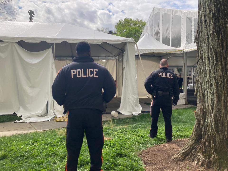 There was a police presence on the Princeton University campus Thursday as pro-Palestinian protesters camped out.