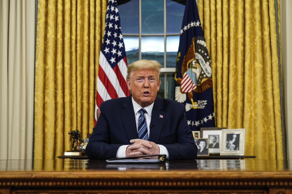 FILE - In this March 11, 2020, file photo President Donald Trump speaks in an address to the nation from the Oval Office at the White House about the coronavirus in Washington. For only the second time as president, Trump addressed the nation in a formal Oval Office speech on March 11. The U.S., he told Americans, would “expeditiously defeat this virus.” (Doug Mills/The New York Times via AP, Pool, File)