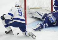 Tampa Bay Lightning forward Steven Stamkos (91) misses an open net against Toronto Maple Leafs goaltender Jack Campbell (36) during the second period in Game 7 of a first-round series in the NHL hockey Stanley Cup playoffs Saturday, May 14, 2022, in Toronto. (Nathan Denette/The Canadian Press via AP)
