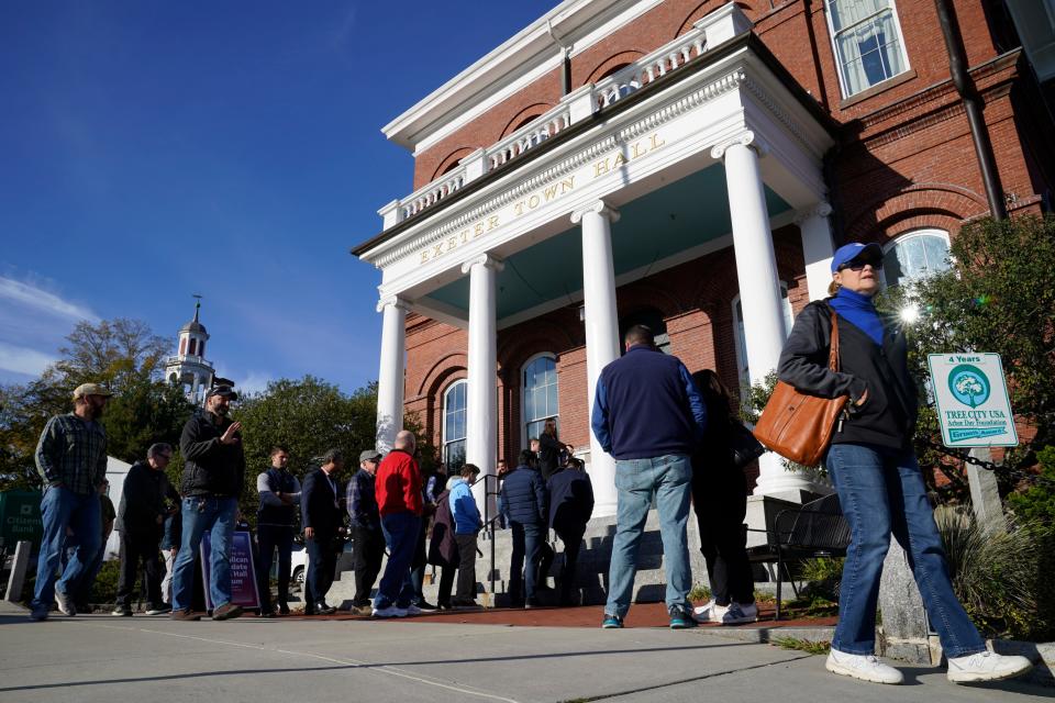 Oct 14, 2023; Exeter, NH, USA; Prospective voters line up to hear Republican presidential candidate Vivek Ramaswamy speak during the Seacoast Media Group and USA TODAY Network 2024 Republican Presidential Candidate Town Hall Forum held in the historic Exeter Town Hall in Exeter, New Hampshire. The entrepreneur spoke to prospective New Hampshire voters about issues during the hour-long forum. Mandatory Credit: Jack Gruber-USA TODAY ORG XMIT: USAT-731990 (Via OlyDrop)