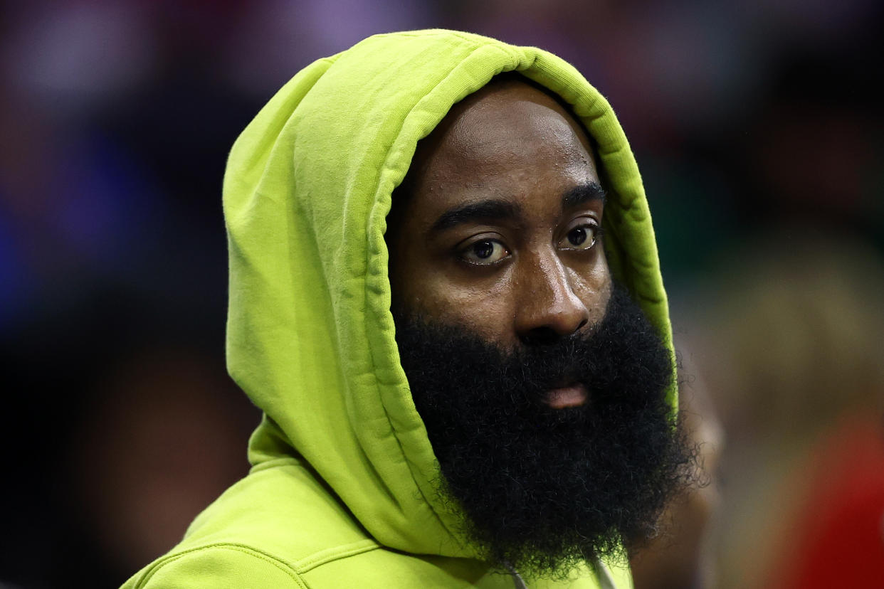 PHILADELPHIA, PENNSYLVANIA - OCTOBER 29: James Harden #1 of the Philadelphia 76ers looks on during the third quarter against the Portland Trail Blazers at Wells Fargo Center on October 29, 2023 in Philadelphia, Pennsylvania. NOTE TO USER: User expressly acknowledges and agrees that, by downloading and or using this photograph, User is consenting to the terms and conditions of the Getty Images License Agreement. (Photo by Tim Nwachukwu/Getty Images)