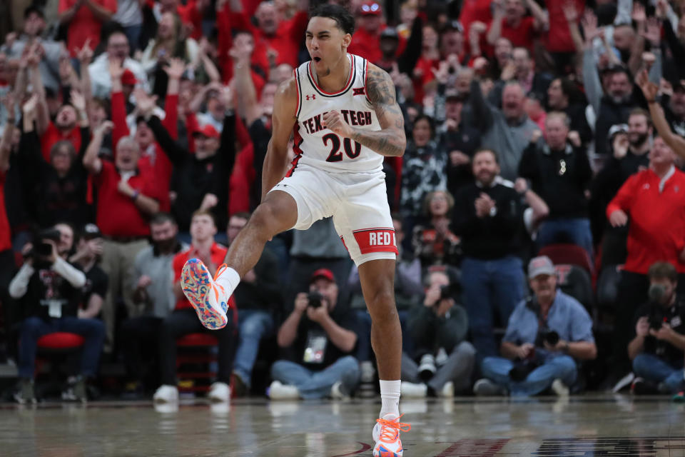 Feb 25, 2023; Lubbock, Texas, USA; Texas Tech Red Raiders guard Jaylon Tyson (20) reacts after a shot against the <a class="link " href="https://sports.yahoo.com/ncaab/teams/tcu/" data-i13n="sec:content-canvas;subsec:anchor_text;elm:context_link" data-ylk="slk:TCU Horned Frogs;sec:content-canvas;subsec:anchor_text;elm:context_link;itc:0">TCU Horned Frogs</a> in the second half at United Supermarkets Arena. Mandatory Credit: Michael C. Johnson-USA TODAY Sports