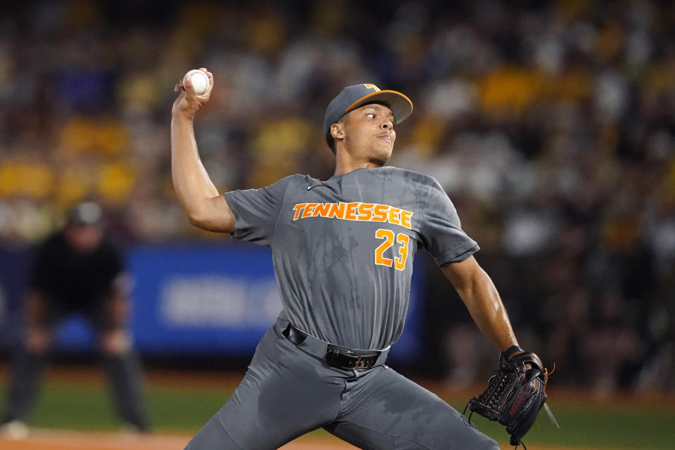 FILE - Tennessee pitcher Chase Burns pitches against Southern Mississippi in the eighth inning of an NCAA college baseball tournament super regional game, June 12, 2023, in Hattiesburg, Miss. Wake Forest right-hander Burns went to Cincinnati with the second pick on Sunday, July 14, 2024, during Major League Baseball’s amateur draft. (AP Photo/Rogelio V. Solis., File)