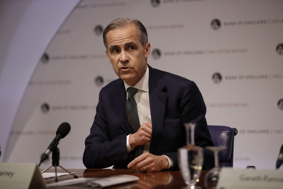 Mark Carney the Governor of the Bank of England speaks during an Inflation Report Press Conference at the Bank of England in the City of London, Thursday, May 2, 2019. (AP Photo/Matt Dunham, Pool)