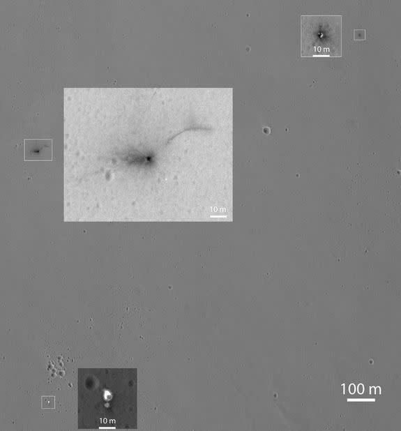 A detailed look at the lander and its components strewn on the surface of Mars.