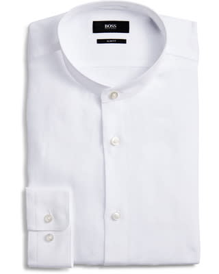 HUGO - Collarless slim-fit shirt in linen with stand collar