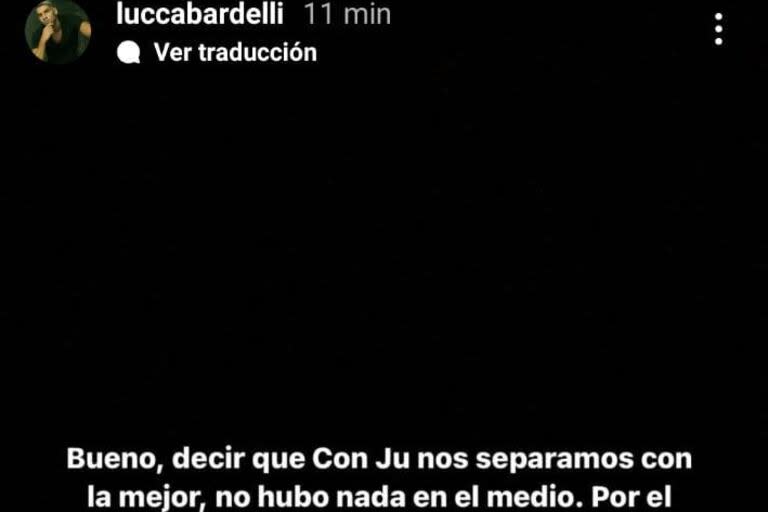 El mensaje de Lucca Bardelli tras su separación de Julieta Poggio