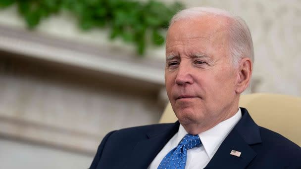 PHOTO: President Joe Biden speaks during a meeting with Tennessee State Representatives Justin Jones, Justin Pearson, and Gloria Johnson at the White House, on April 23, 2023, in Washington, D.C. (Chris Kleponis/CNP via Polaris)