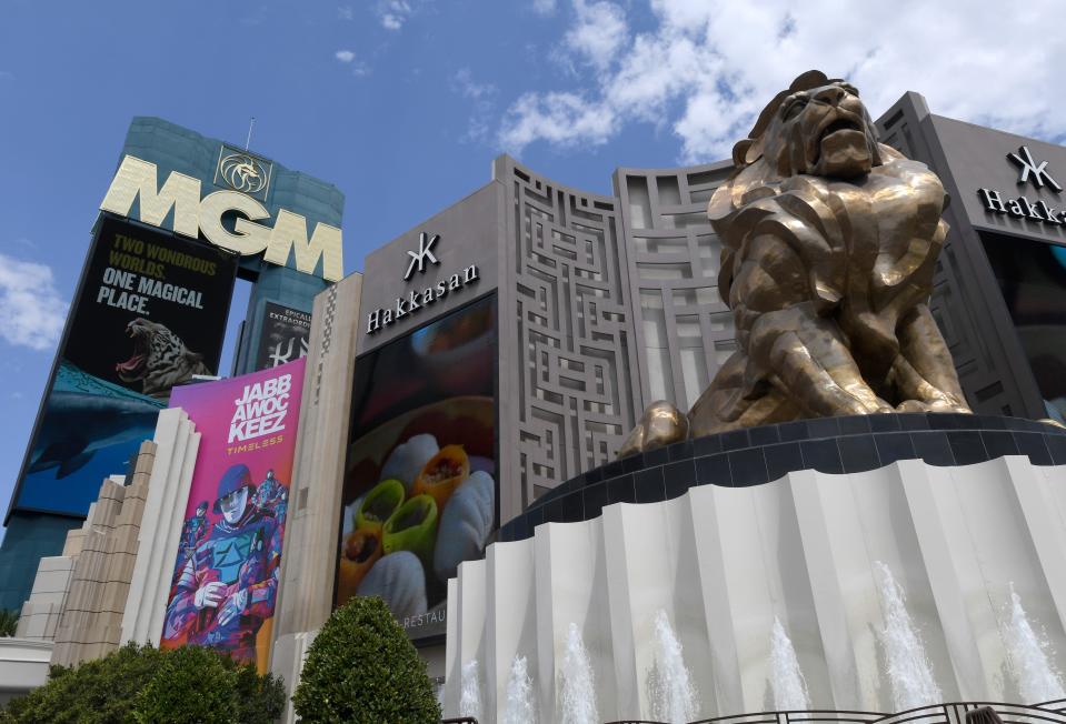 An exterior view shows the marquee at MGM Grand Hotel & Casino left of the Leo the Lion statue on the Las Vegas Strip in 2020, A cyber attack in September 2023 crippled systems at MGM Resorts across the US.