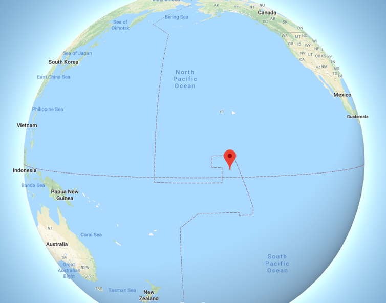 <span class="caption">The tiny atoll of Kiritamati in the centre of the Pacific Ocean.</span> <span class="attribution"><a class="link " href="https://www.google.com/maps/place/Kiritimati/@4.9491044,-168.16646,3z/data=!4m5!3m4!1s0x79f877ccabf42611:0x6e779e786ea0b443!8m2!3d1.8721347!4d-157.4278119" rel="nofollow noopener" target="_blank" data-ylk="slk:Google Maps;elm:context_link;itc:0;sec:content-canvas">Google Maps</a></span>