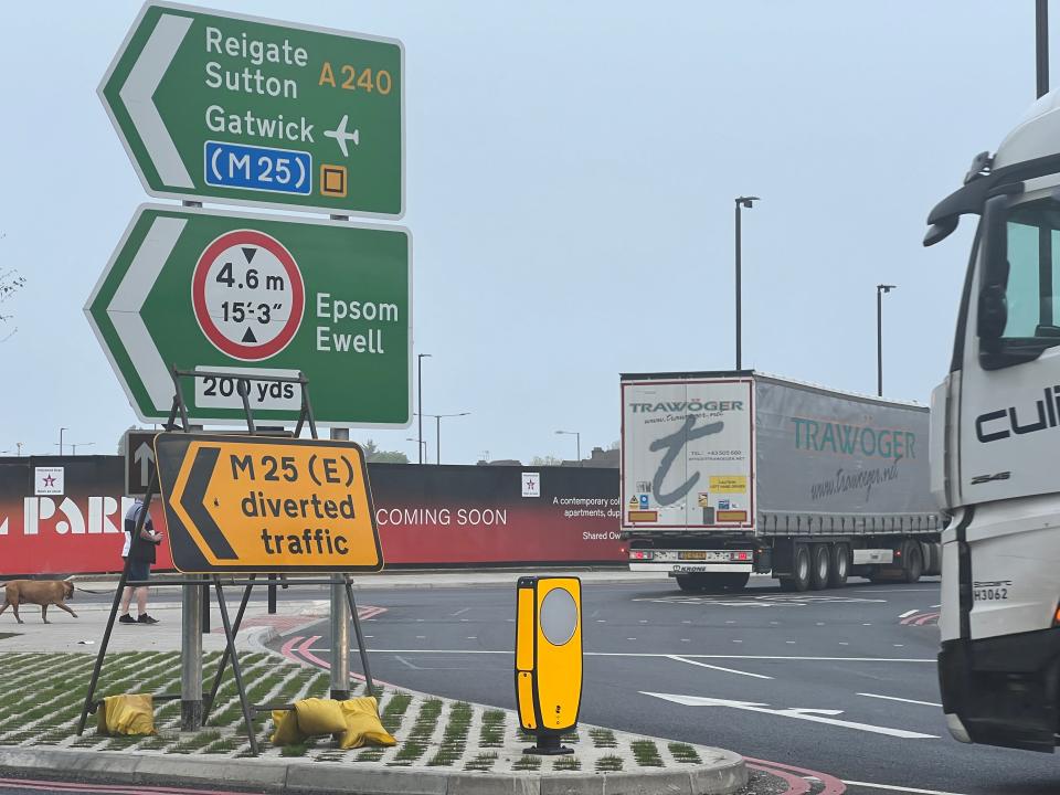 Truck stop: the key interchange on the M25 closure diversion, at Tolworth in southwest London (Simon Calder)