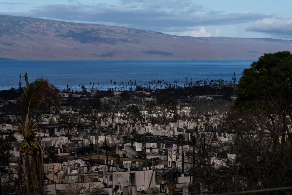 Homes consumed in recent wildfires are seen in Lahaina, Hawaii, Wednesday, Aug. 16, 2023. The wildfires have devastated parts of the Hawaiian island of Maui.
