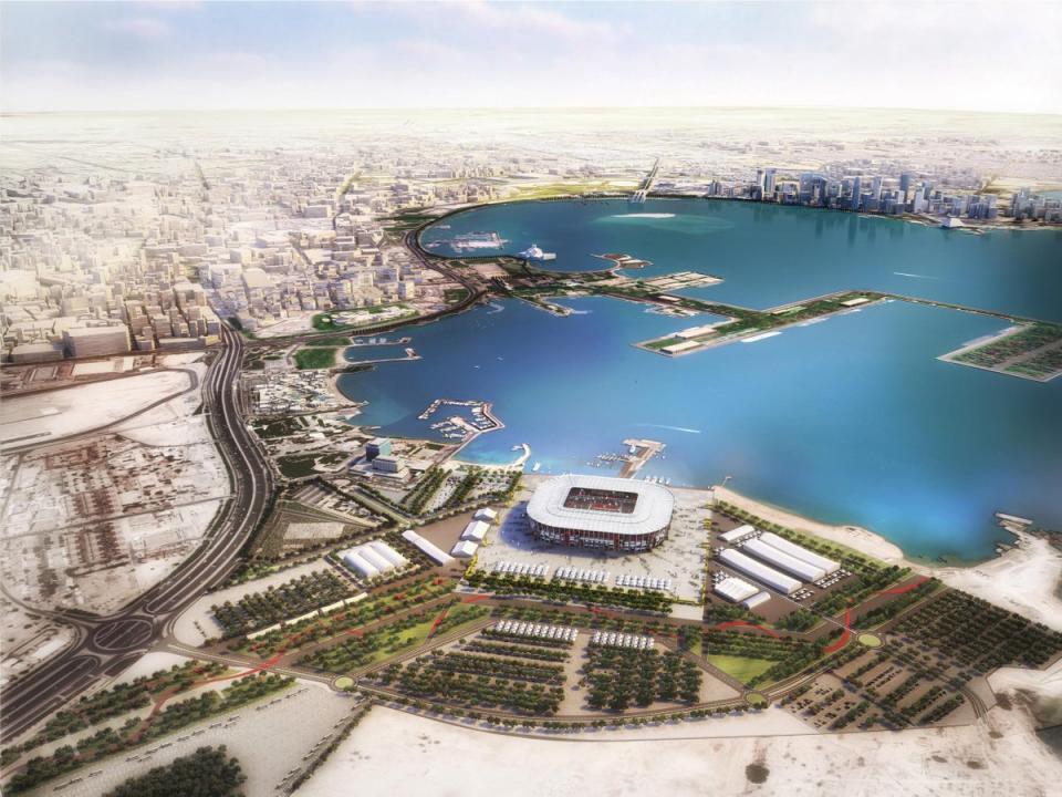 In this undated computer-generated artists impression provided by 2022 Supreme Committee for Delivery and Legacy, the Ras Abu Aboud stadium, a Qatar 2022 World Cup venue to be built in Doha, Qatar. (2022 Supreme Committee for Delivery and Legacy via Getty Images)