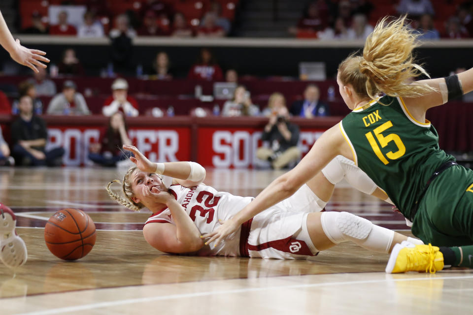 Oklahoma guard Tatum Veitenheimer (32) and Baylor forward Lauren Cox (15) fall as they chase the ball in the second half of an NCAA college basketball game in Norman, Okla., Saturday, Jan. 4, 2020. (AP Photo/Sue Ogrocki)