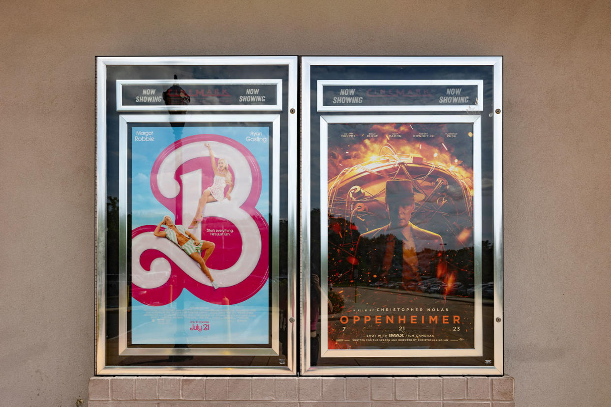 Movie posters for Barbie and Oppenheimer Hannah Beier for the Washington Post