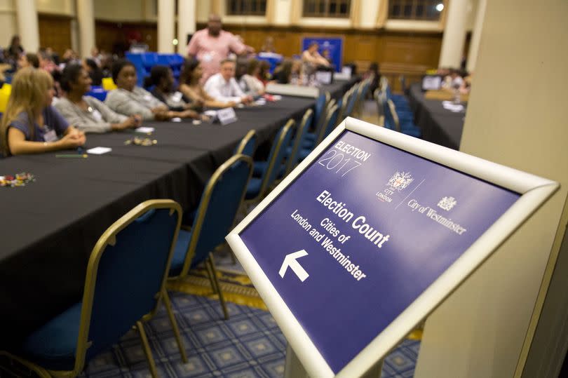 A sign for the election count for the Cities of London and Westminster