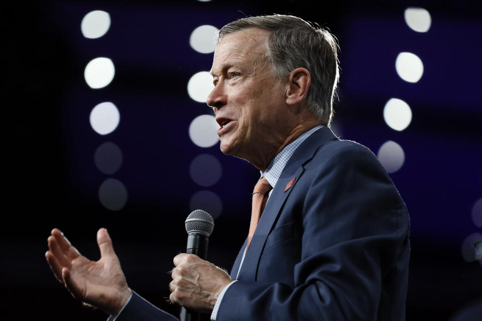 Democratic presidential candidate former Colorado Gov. John Hickenlooper speaks at the Presidential Gun Sense Forum, Saturday, Aug. 10, 2019, in Des Moines, Iowa. (AP Photo/Charlie Neibergall)