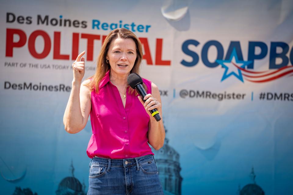 Christina Bohannan, Democratic candidate for Iowa's 1st Congressional District, speaks at the Des Moines Register Political Soapbox during the Iowa State Fair, Wednesday, Aug. 17, 2022.