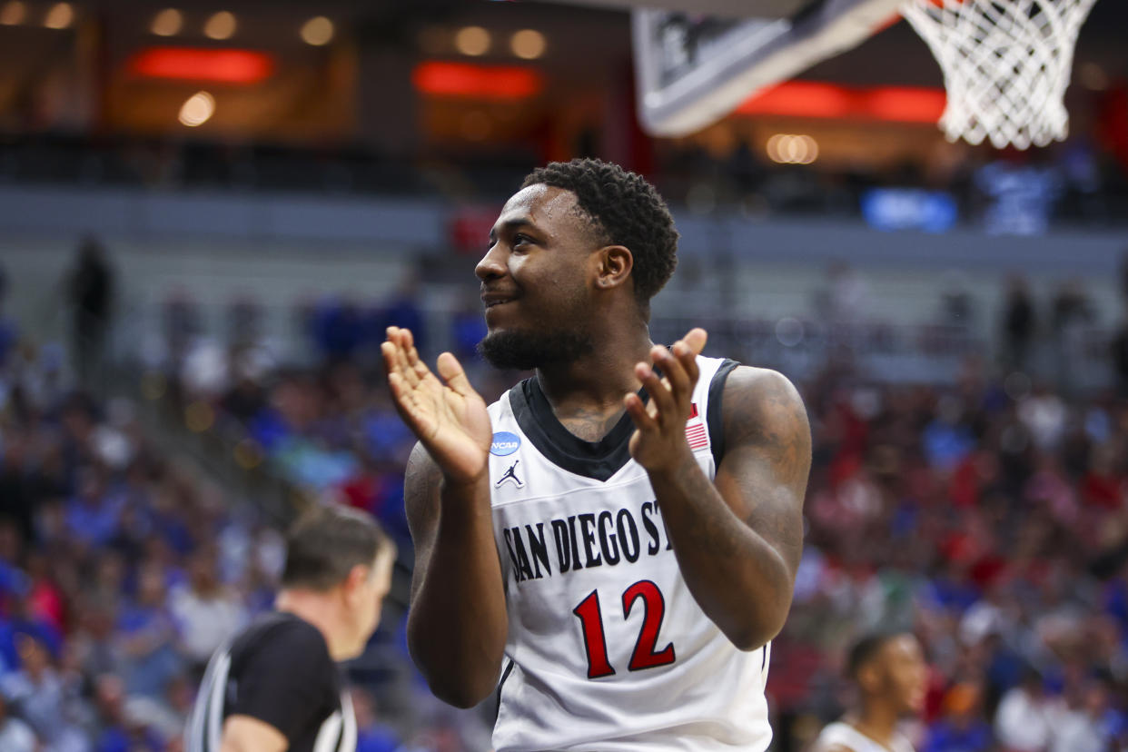 Darrion Trammell and San Diego State are headed to the first Final Four in program history after Sunday's win over Creighton. (Photo by Grace Bradley/NCAA Photos via Getty Images)
