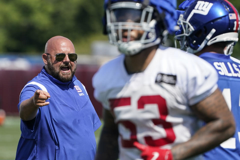 New York Giants head coach Brian Daboll directs his players during the NFL football team's training camp, Wednesday, July 27, 2022, in East Rutherford, N.J. (AP Photo/John Minchillo)